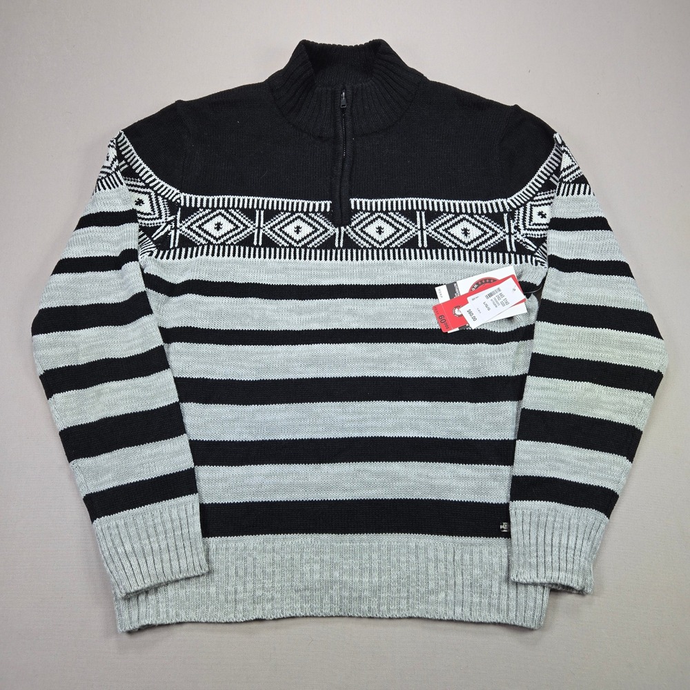 Canada Weathergear Quarter Zip Mens Striped Fair Isle‎ Black Grey A1702 FW Large